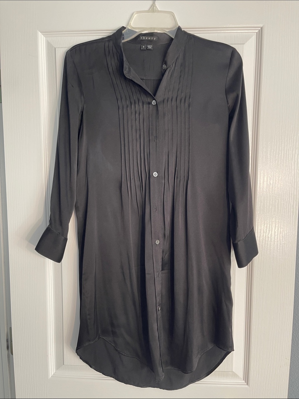 Theory Black Pintuck Button-Down Tunic Shirt